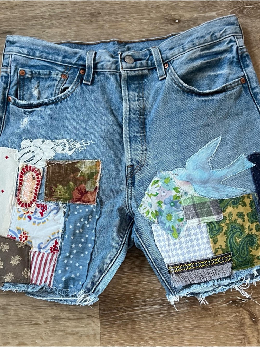 Upcycled Levi's Blue Patchwork High-Rise Jean Shorts - Picture 2 of 9